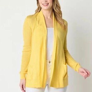 Liz Claiborne Cardigan Sweater Womens XL Yellow Open Front Ribbed Knit Pockets